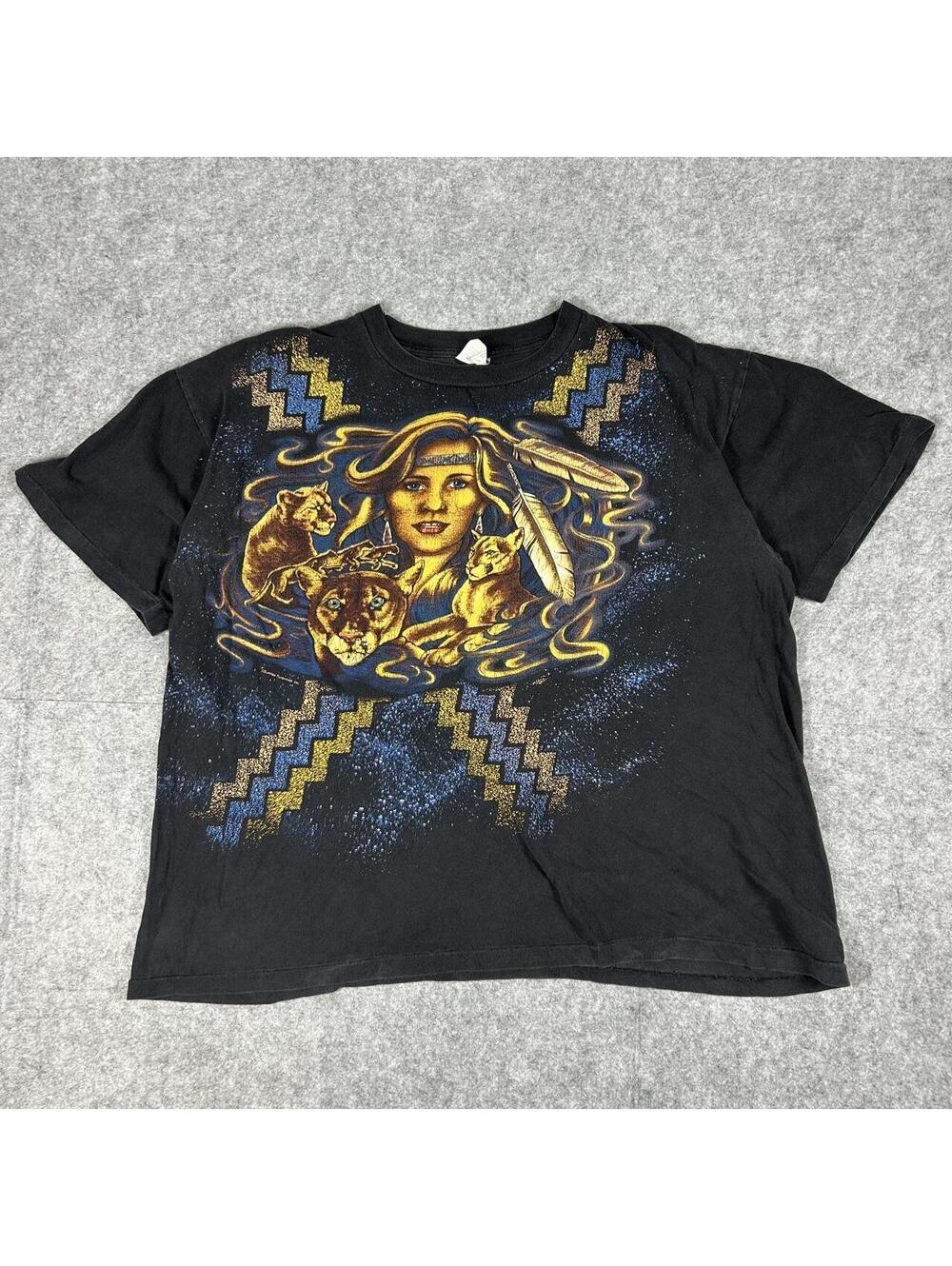 Vintage 90s Y2K Single Stitch American Thunder T Shirt XL Indian Aztec AOP